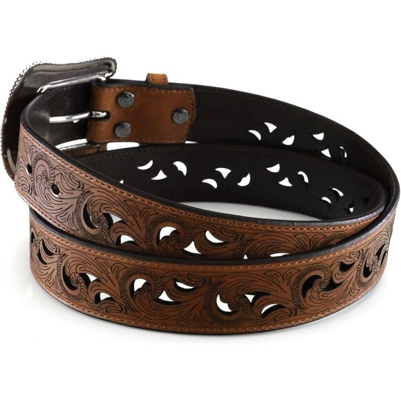Women's Brown Leather Belt with Scroll Cutouts and Interchangeable Buckle - Picture 4 of 6